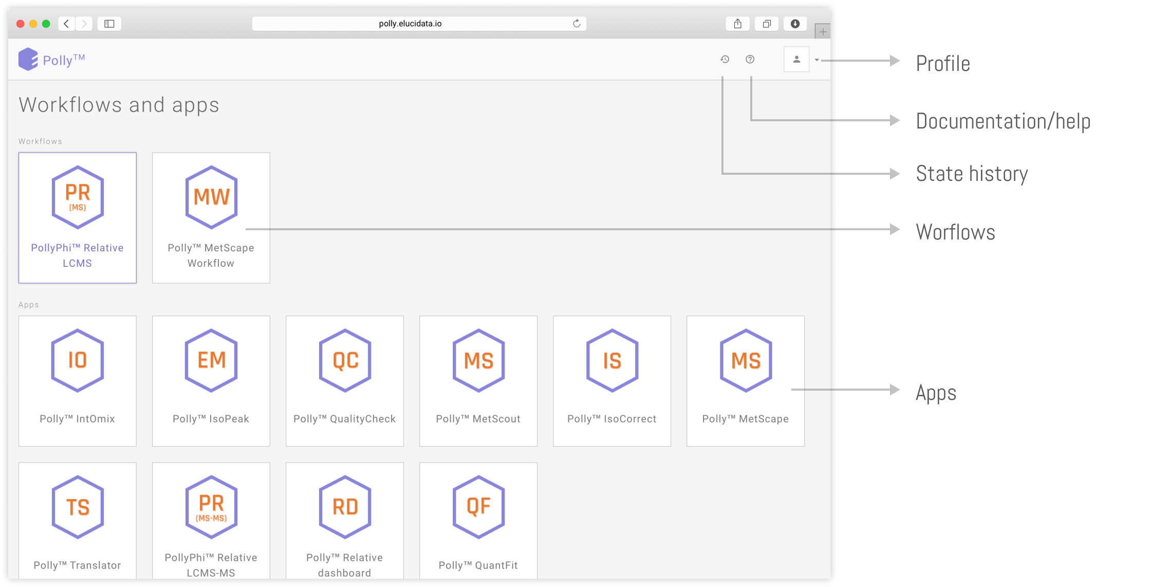 apps and workflow screen of polly